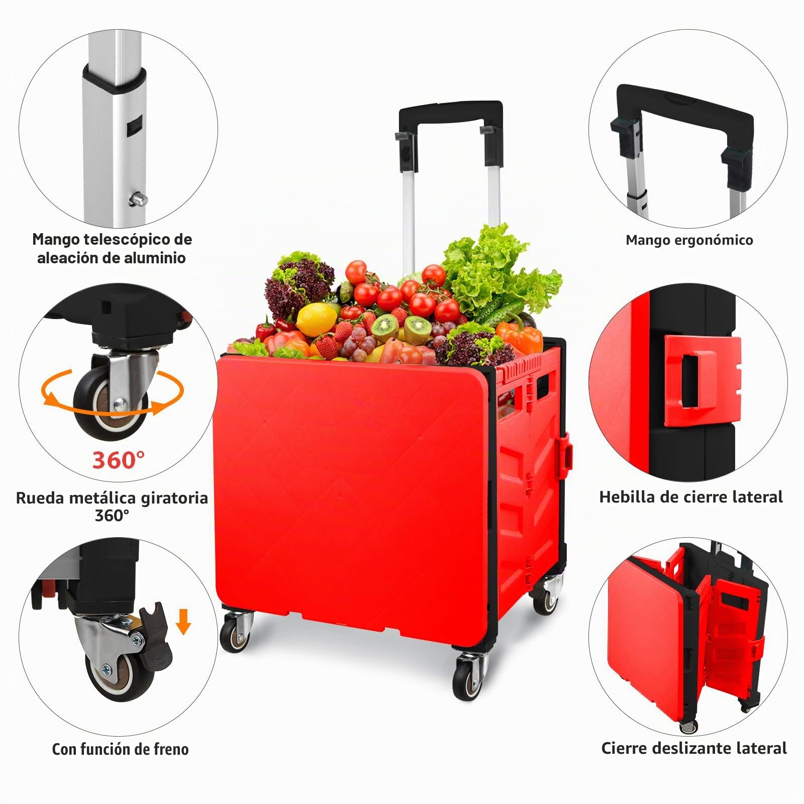 Carro de la compra plegable, carrito de transporte, hasta 50 kg, caja de 50 l, cesta de la compra con tapa, asa extensible de aluminio, 4 ruedas metálicas giratorias de 360°, 103 x 43 x 38 cm