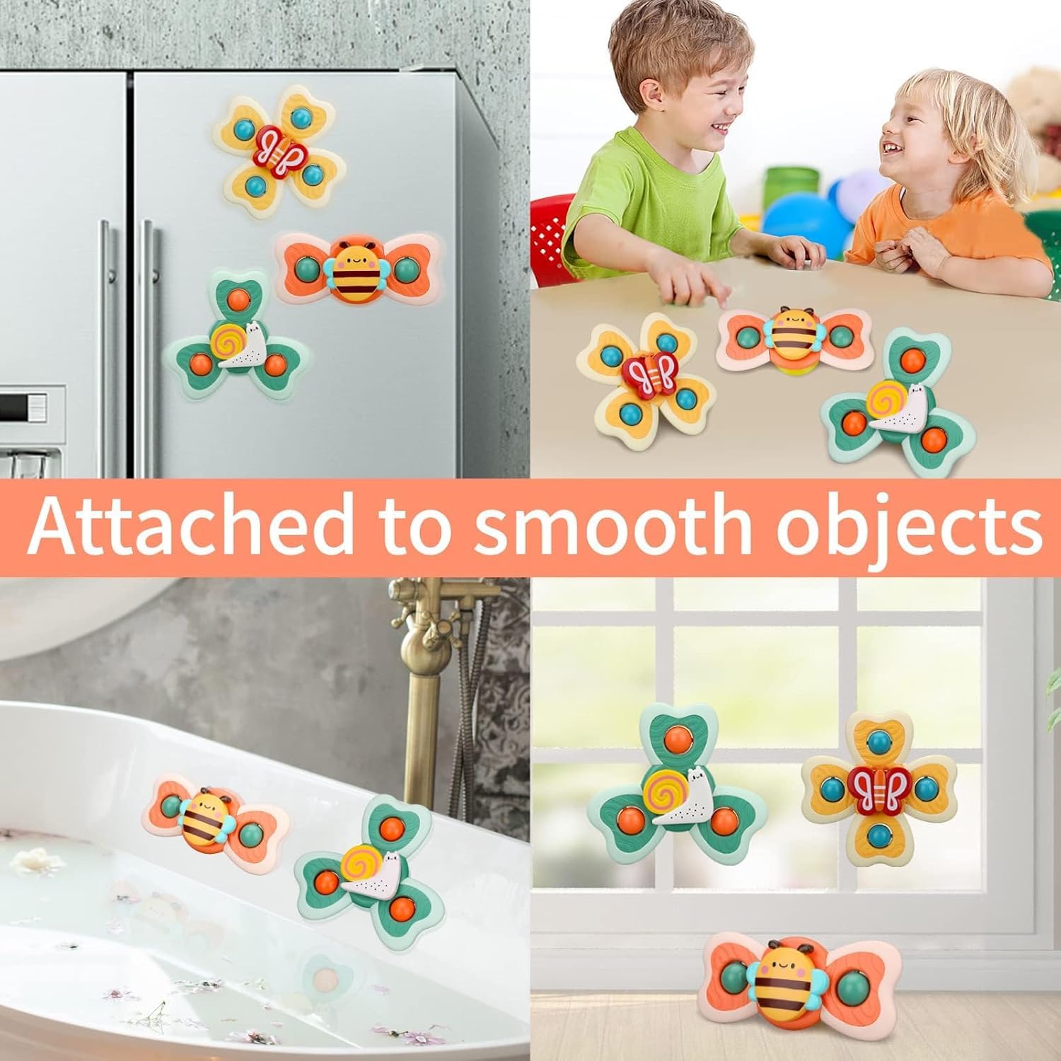 Cable World Baby Bath Toys for Kids - 3 PCS Big Size Silicon Suction Cup Bath Toy for Baby Boys Girls, Waterproof Suction Cup Top Rotating Montessori Learning Toy Sticks to Smooth Surface Big Size 1
