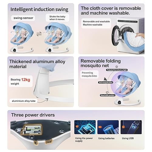 Miniatura 5 de Baby Swing - Balancín multifuncional 3 en 1, portátil con control remoto, cinturón de seguridad de 5 puntos, 5 balanceo automático, temporizador de