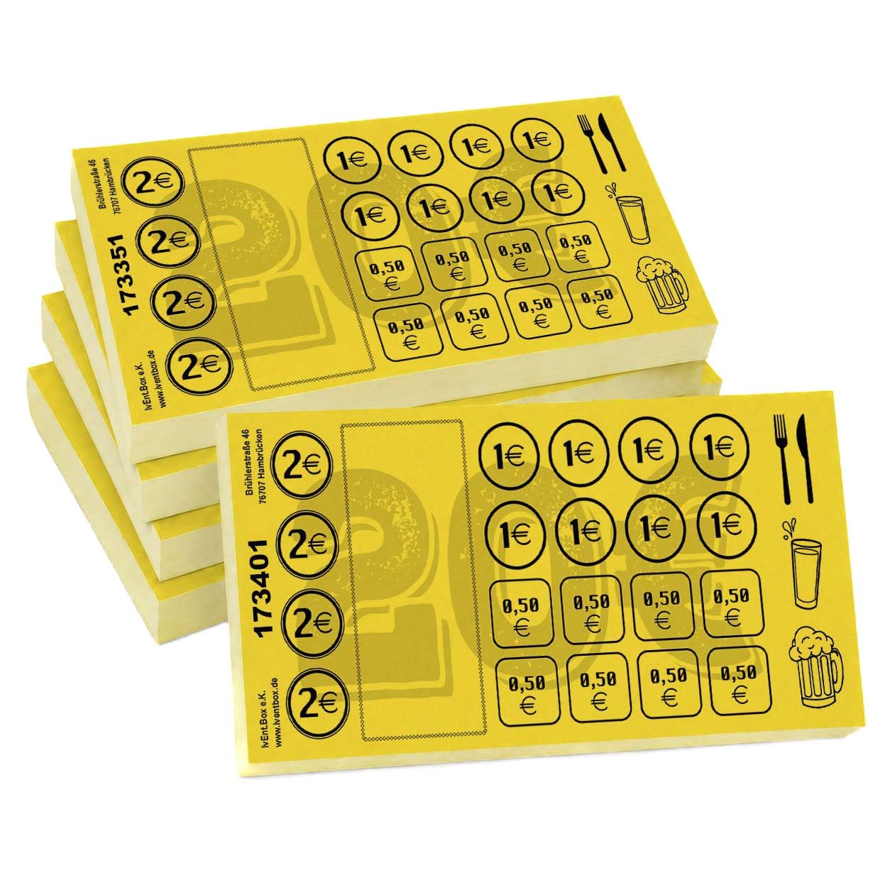 Étiquettes de valeur 20 € Cartes de consommation à effacer – 250 ou 500 feuilles, 5 ou 10 blocs de 50 feuilles, valeur totale 5 000 € ou 10 000 €, numérotés en continu, avec champ libre (jaune, 250)