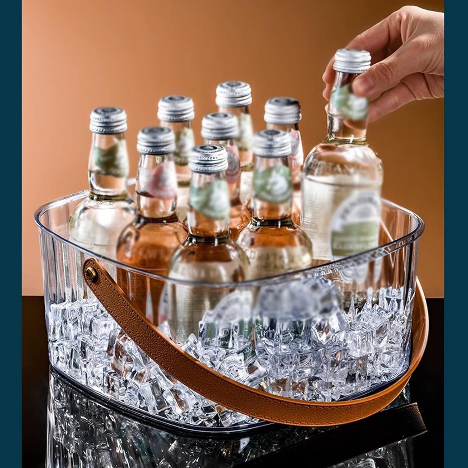 Cubitera Botella Vino Filador de Hielo acrílico Transparente Redondeo Grande Champagne Chiller con Mango de Cuero portátil Capaciente de Hielo de Botella de Vino clásico