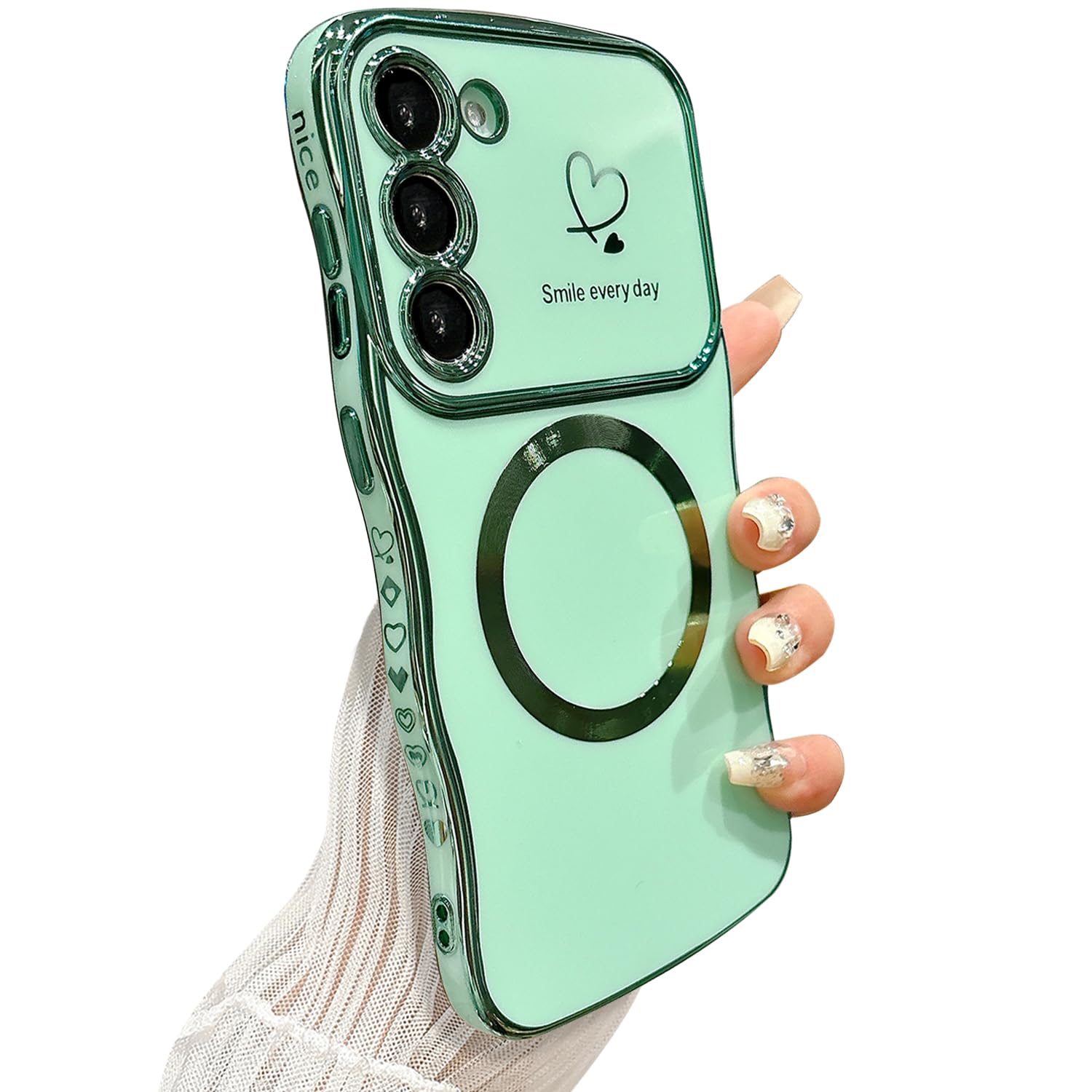 ZONRW for Samsung Galaxy S23 Plus Case Magnetic,for Women Girls Soft Cute Wave Frame Curly Shape Love Heart Luxury Plating Phone Case Compatible with