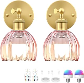 Vintage Battery Operated Wall Sconce, Pink Tulip Glass Lampshade Wireles...
