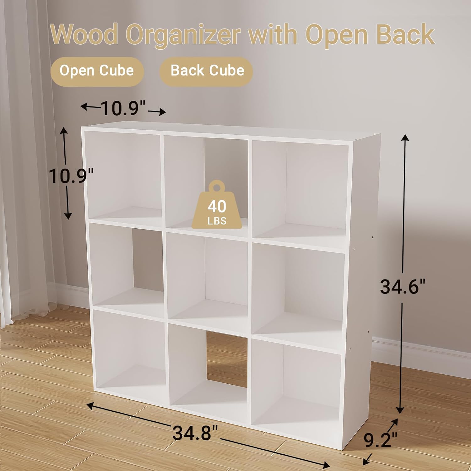 Cube Storage Organizer,Wood Organizer with Open Back,3 Tier Bookcase,Open Bookshelf for Home Office Living Room (White, 9-Cube)
