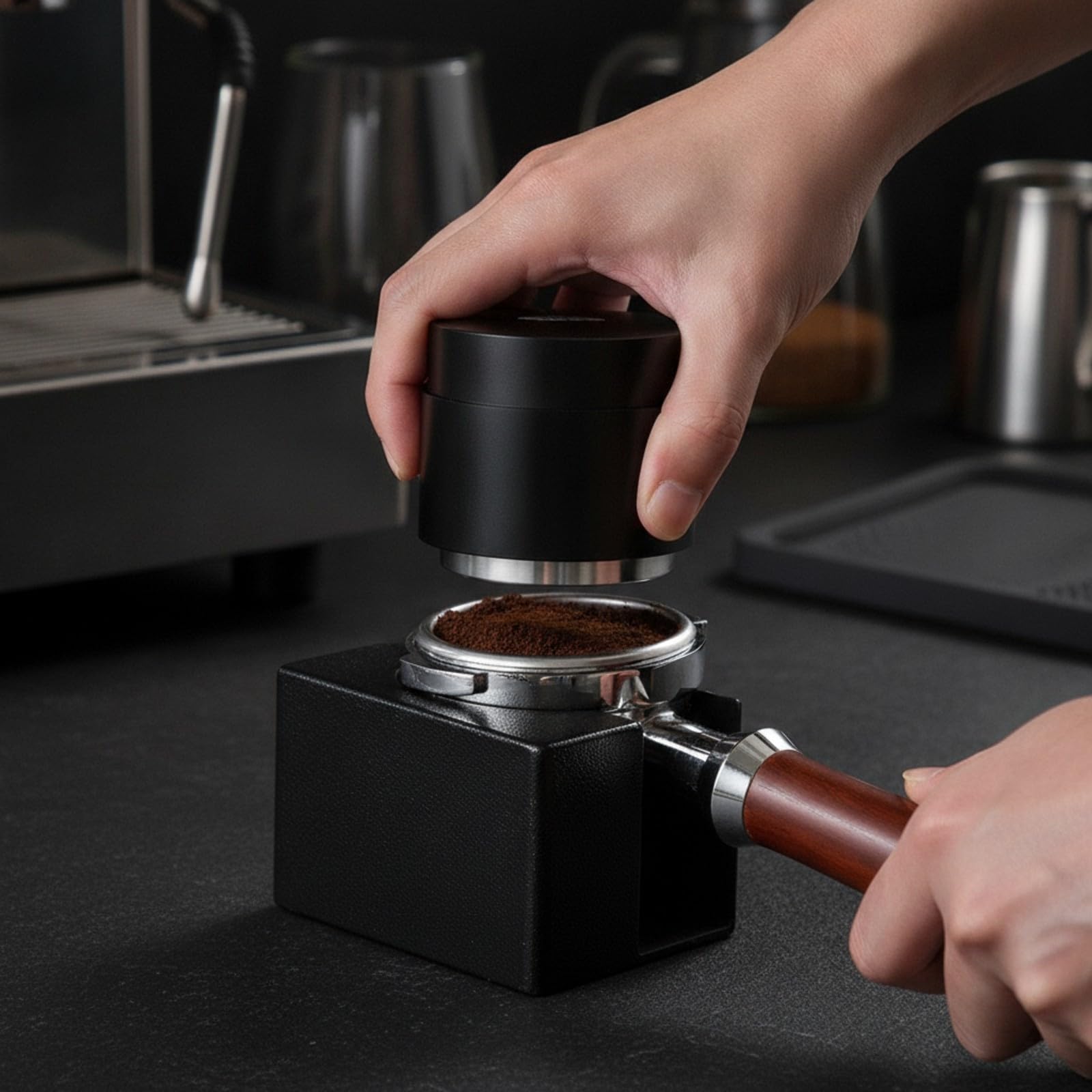 Pressino per Filtro Antiscivolo | Graduata Visibile, Distributore e Pressino Caffè, Regolabile, Livellatore per Caffè, 51MM, Base Filettata