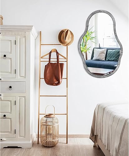 Miniatura 2 de Espejos asimétricos grandes para pared, ondulados, marco de madera con forma única, espejo moderno negro irregular para colgar en la pared, para el