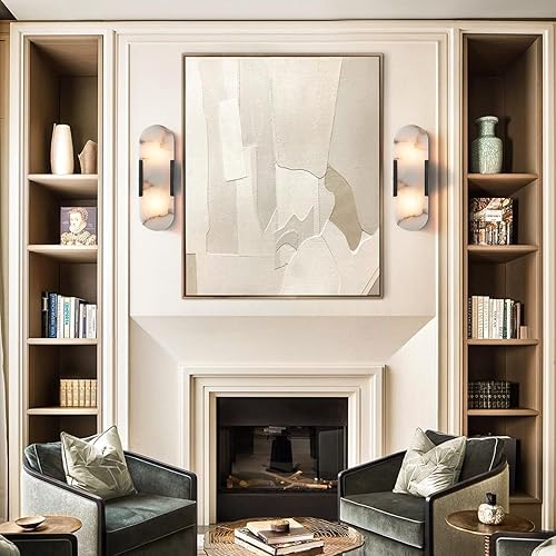 Miniatura 3 de Juego de dos apliques de pared, lámpara de pared de alabastro, accesorios de tocador negro mate para baño, lámpara de pared moderna de mesita de