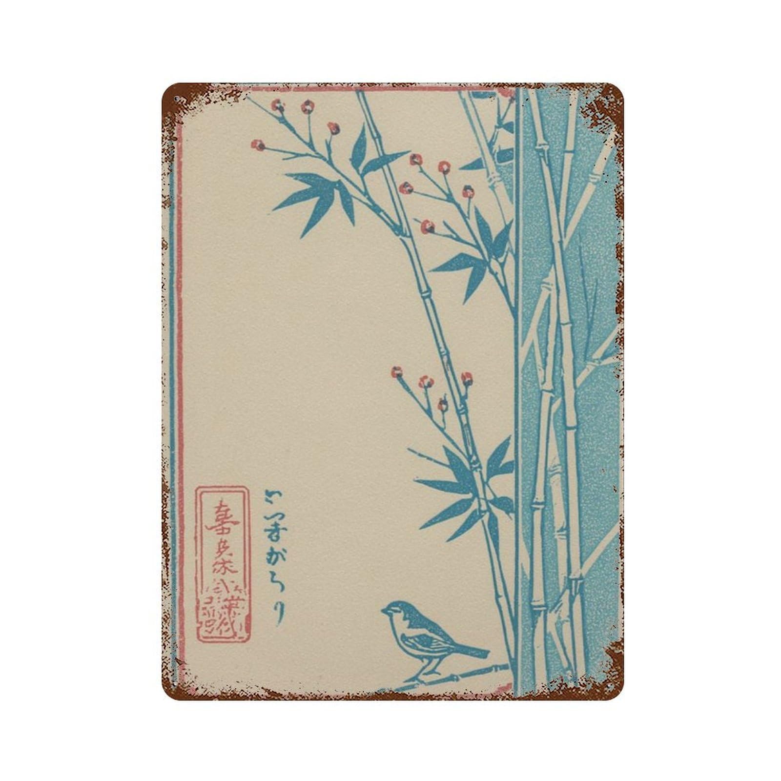 xiaoxiaoshen Japanese Bird Blue Bamboo Floral Woodblock Style Wall Decor Art Metal Tin Poster Modern Home Decor Art Home Bar Shop Decorations Vintage Sign 40x30cm