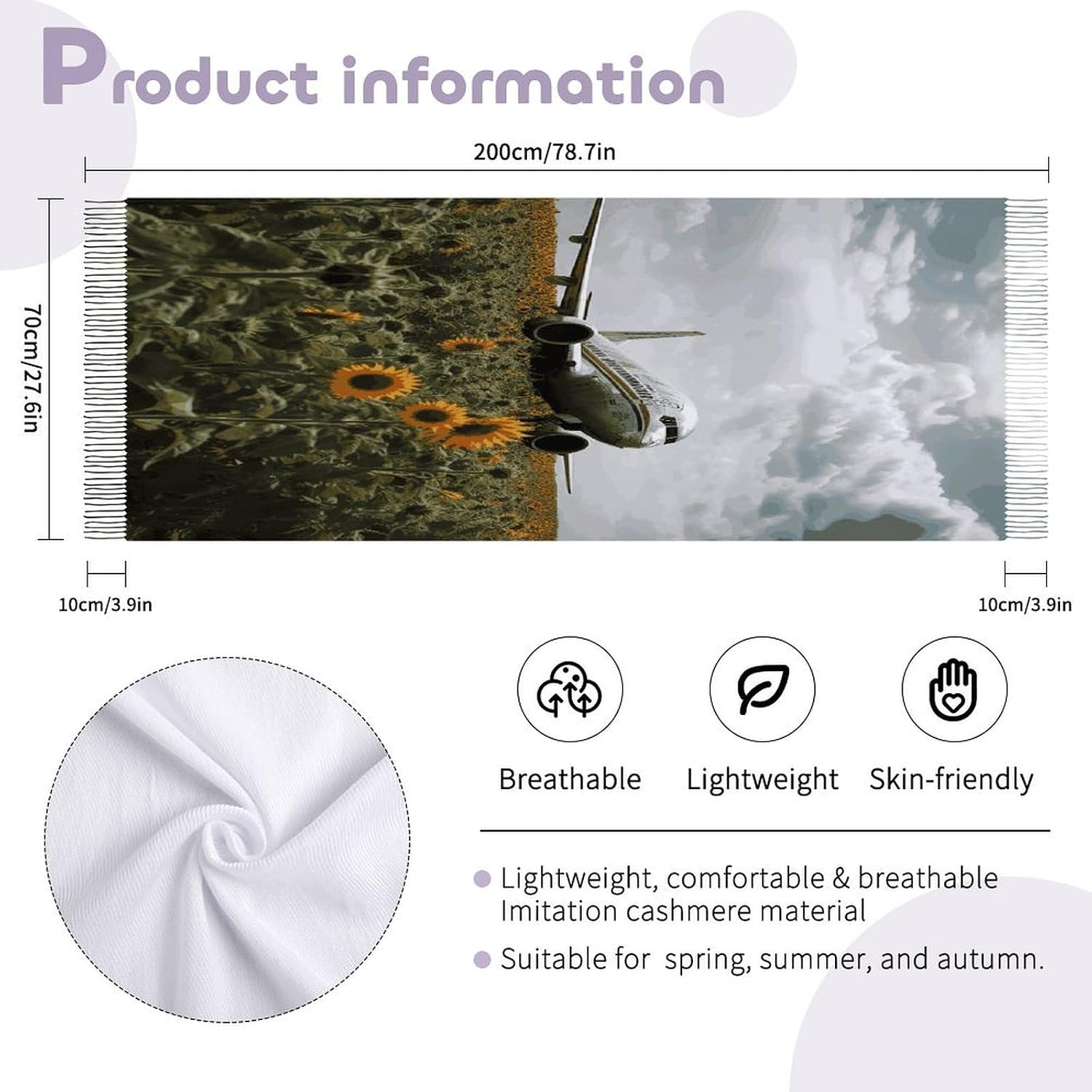 Plane Flies to Sunflower Field Winter Scarf for Women Soft Tassel Scarves Oversized Wraps Long Shawl Cold Weather Thick Blanket Scarfs