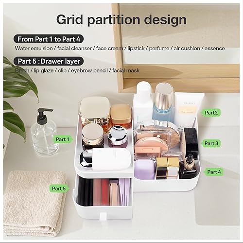 Miniatura 4 de Abiudeng Organizador de maquillaje para cosméticos con cajones, organizador de cuidado de la piel para baño para lápices labiales, joyas, cuidado de