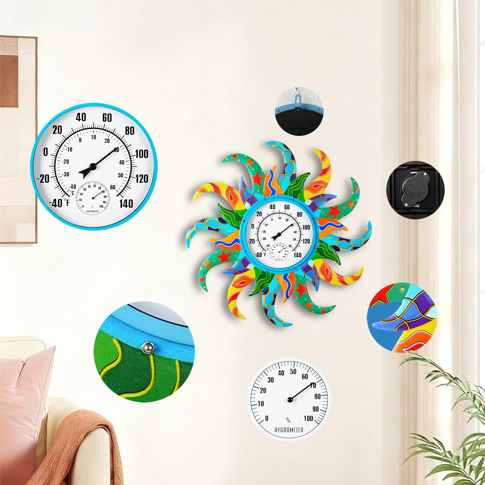 Sun, termometro e igrometro per interni ed esterni, 63 cm, termometro da parete per esterni, senza batteria, termometro decorativo da esterno facile da leggere per patio, giardino, ufficio, soggiorno