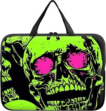 Universal Tablet Laptop Sleeve Case 10 inch, Neon Green Skull Slim Carrying Case Travel Laptop Bag Durable Handbag for 7 to 10-inch Laptops/Notebook/Kids Tablet/ipad/eBook Readers