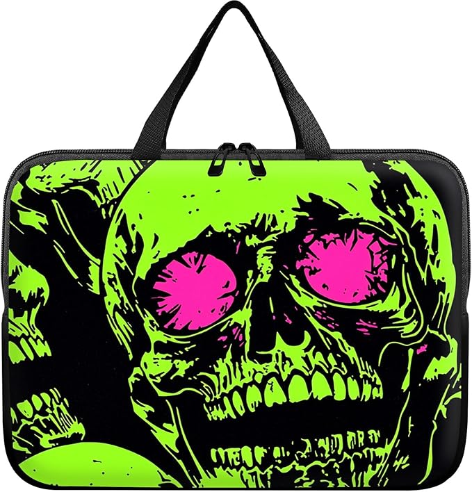 Universal Tablet Laptop Sleeve Case 10 inch, Neon Green Skull Slim Carrying Case Travel Laptop Bag Durable Handbag for 7 to 10-inch Laptops/Notebook/Kids Tablet/ipad/eBook Readers