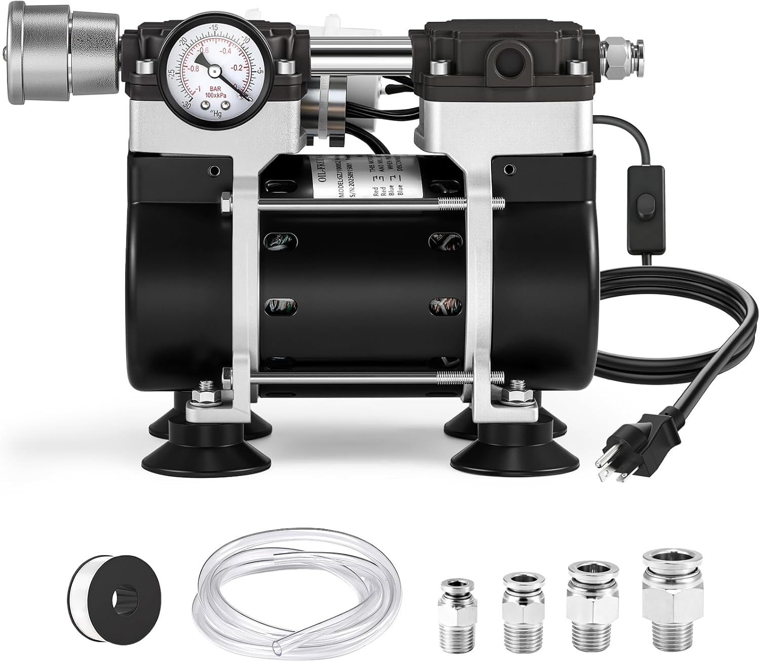 Oilless Vacuum Pump 50 L/Min with Power Switch 110V Lab Vacuum Pump with Vacuum Meter, Aluminum Silencer and 4 Stainless Steel Connectors for Laboratory Woodworking