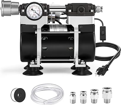 Oilless Vacuum Pump 50 L/Min with Power Switch 110V Lab Vacuum Pump with Vacuum Meter, Aluminum Silencer and 4 Stainless Steel Connectors for Laboratory Woodworking