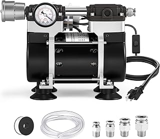 Oilless Vacuum Pump 50 L/Min with Power Switch 110V Lab Vacuum Pump with Vacuum Meter, Aluminum Silencer and 4 Stainless Steel Connectors for Laboratory Woodworking