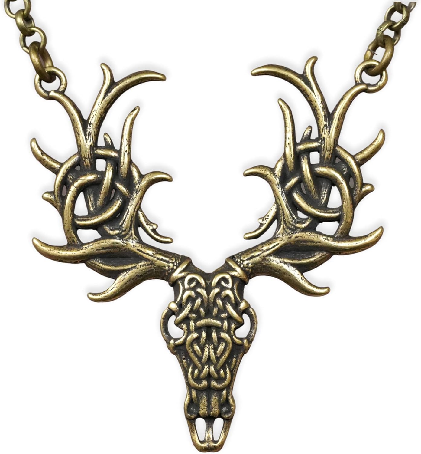 Baldur Jewelry Brass Viking White Stag Deer Necklace Pendant With Celtic Knotwork Symbol of Rebirth