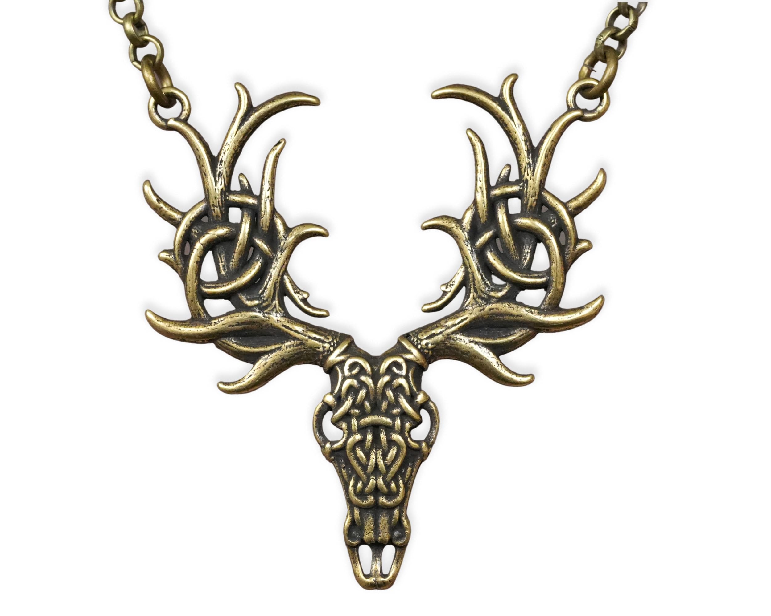 Brass Viking White Stag Deer Skull Cernunnos Necklace Pendant With Celtic Knotwork Symbol of Rebirth (Brass Deer)
