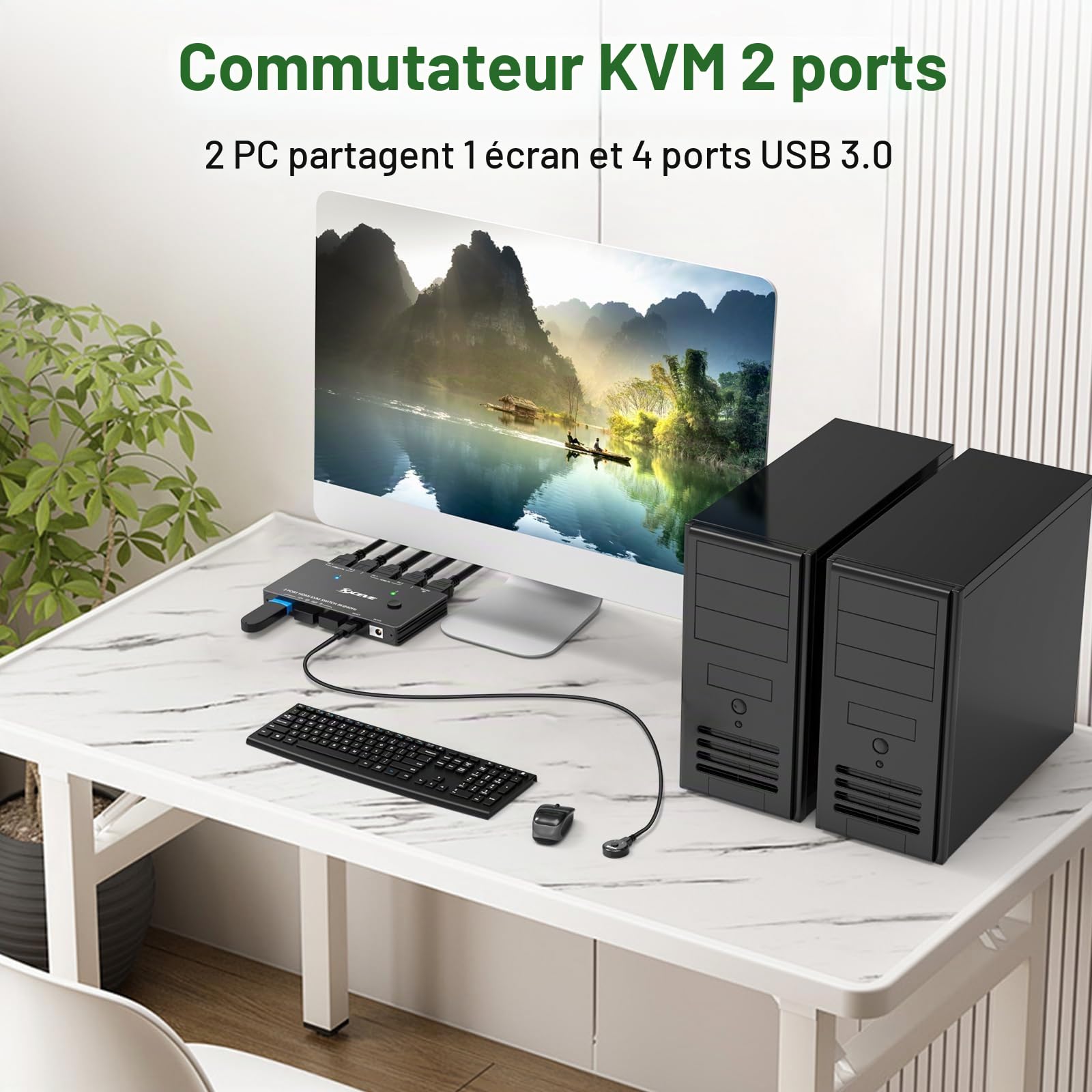 KVM Switch 2 PC 1 Moniteur HDMI, USB 3.0 KVM Switch HDMI 2 Port 8K@60Hz 4K@120Hz HDCP 2.3, Partage Clavier Souris, Wired Remote(8K HD 2 in 1 out KVM)