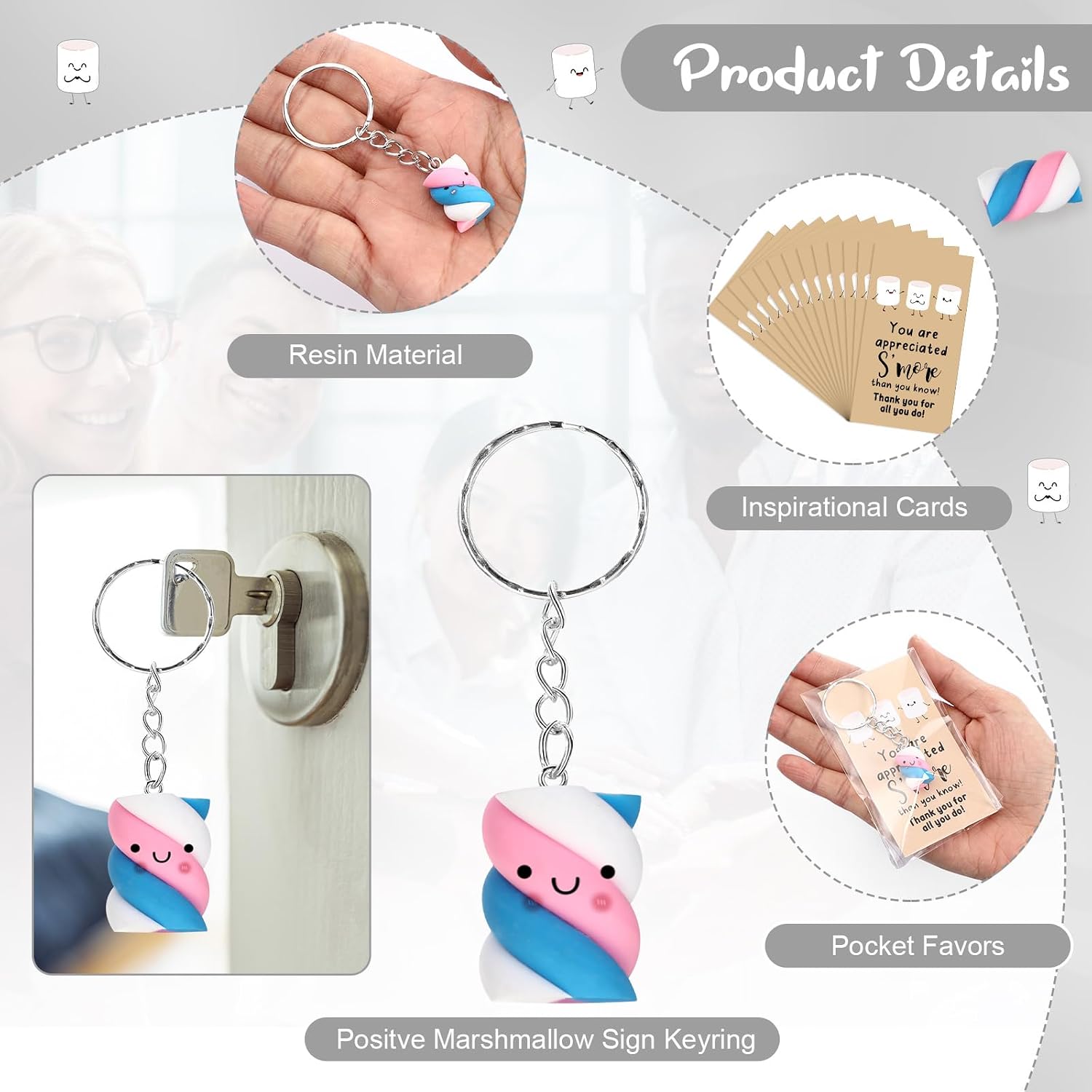 Ecation 20 Sets Inspirational Employee Appreciation Gift Cute Resin Marshmallow S'More Keychains with Thank You Card Positive Dietitian Gift for Team Coworker Teacher Classroom Reward(Colorful,Screw)