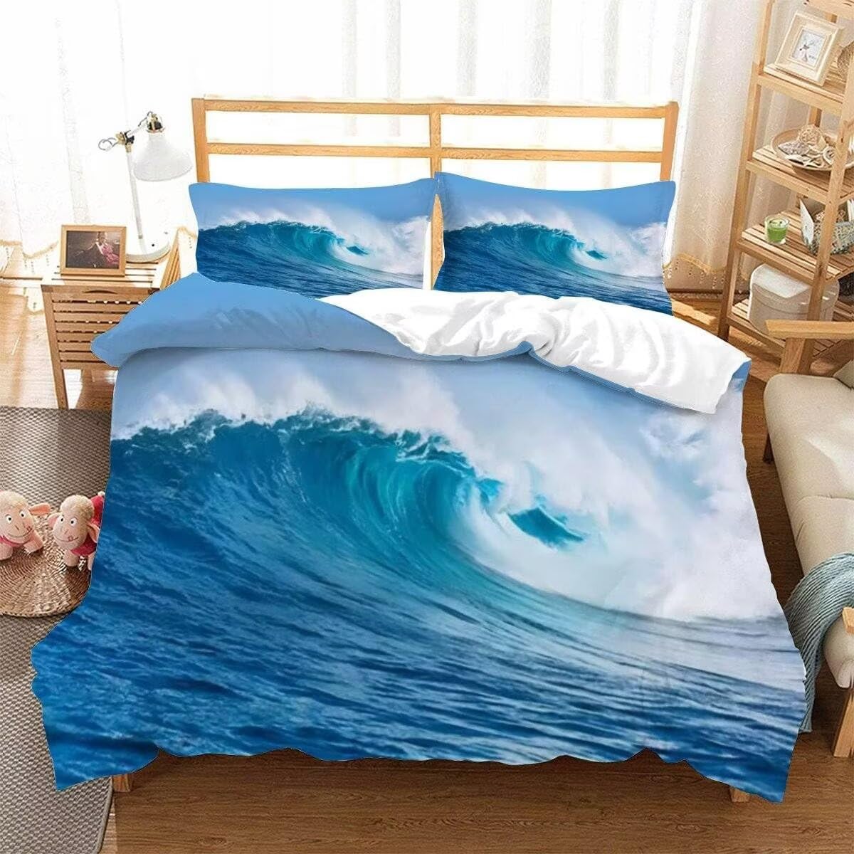 Housse de couette 140x200 vague de mer facile à enfiler avec fermeture éclair