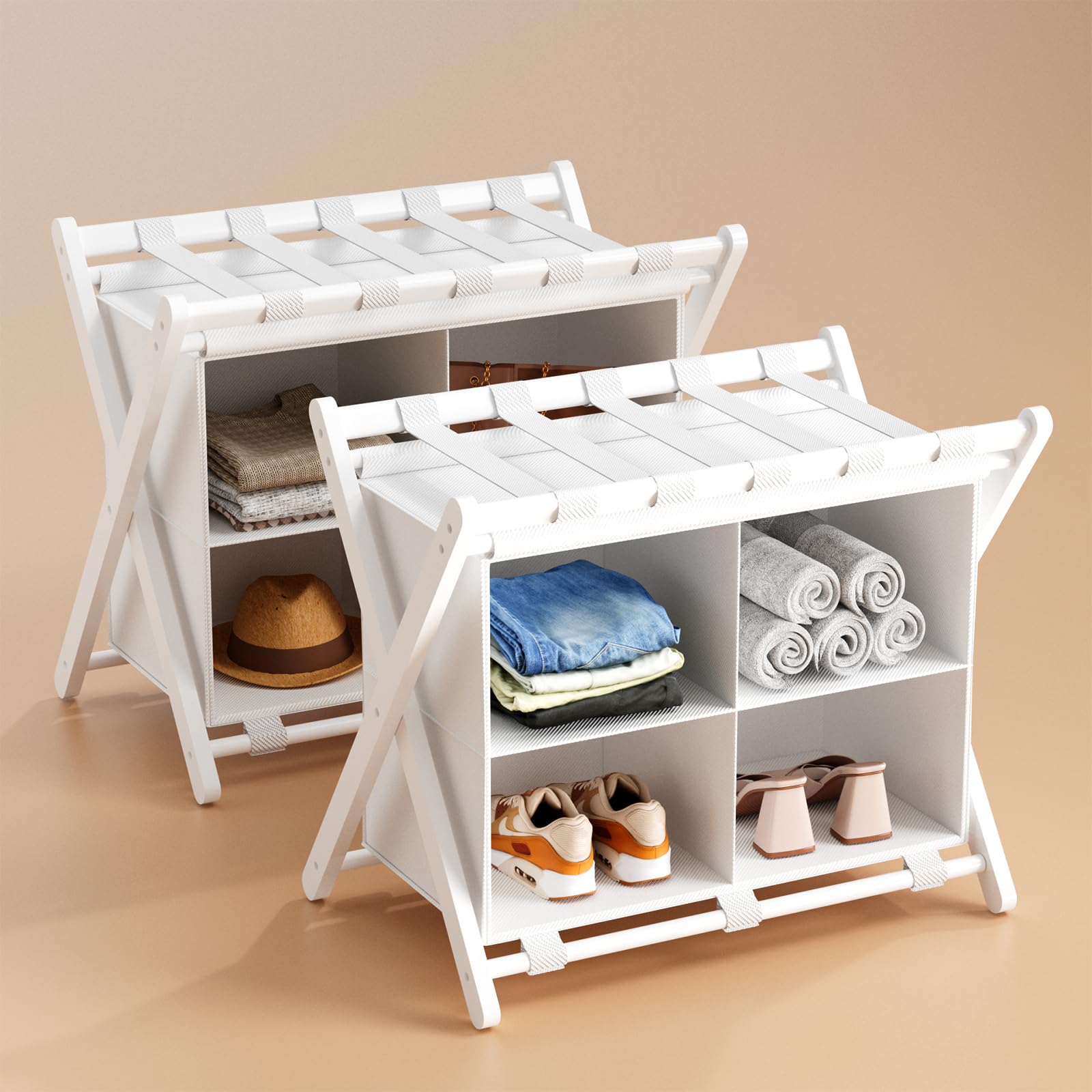 Photo 1 of **MISSING PARTS-ONLY***MHACVVO Folding Luggage Rack, 2-Pack White Bamboo Suitcase Stands with 4 Storage Compartments , Sturdy Luggage Holders for Guest Room, Bedroom, Hotel