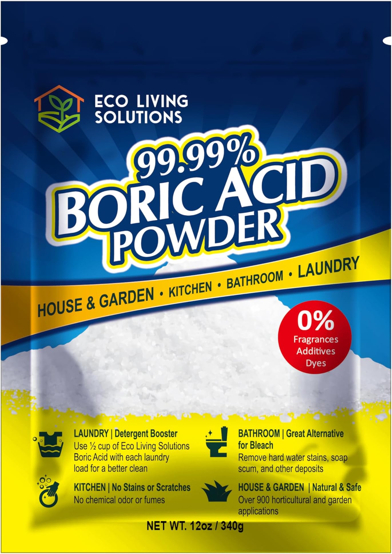 Eco Living Solutions - 99.99% Boric Acid Powder | Horticultural Garden Application | Multipurpose Cleaner | Laundry Additive | Bathroom Cleaner | Commercial Strength | Lab Grade - 12 Oz