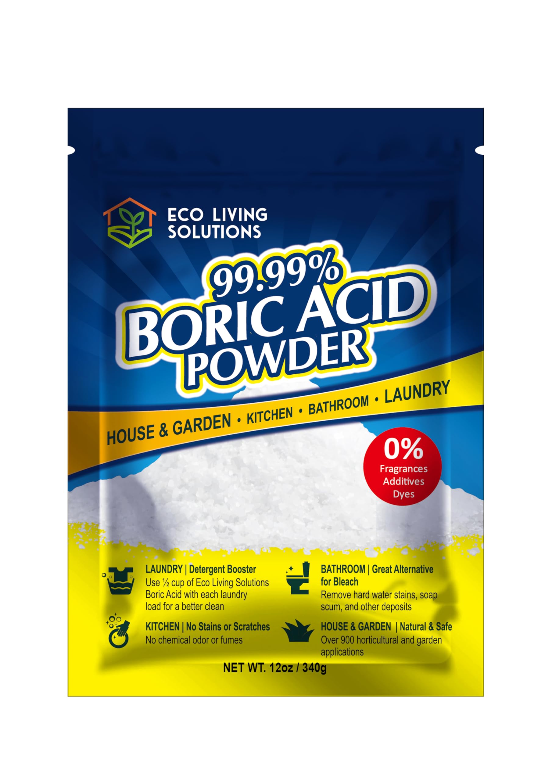 Eco Living Solutions - 99.99% Boric Acid Powder | Horticultural Garden Application | Multipurpose Cleaner | Laundry Additive | Bathroom Cleaner | Commercial Strength | Lab Grade - 12 Oz