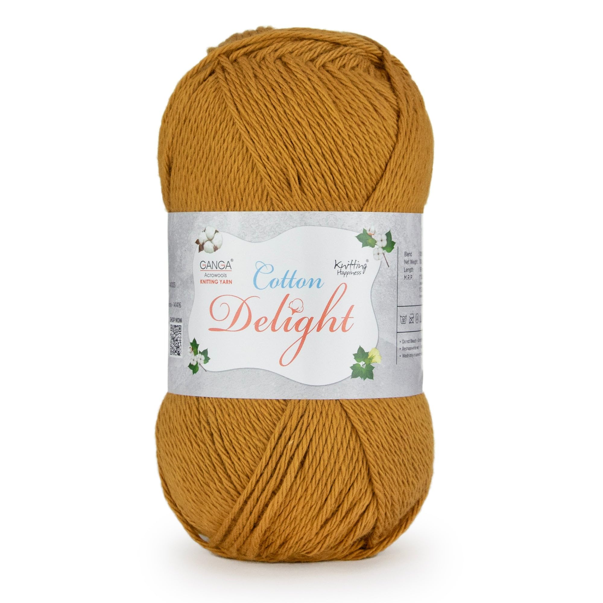 Ganga Acrowools Cotton Delight, Dk Weight Cotton Yarn, Oekotex Class L Certified 100G, 169M, Pack of 1 Ball - 100gm Each, Shade No. - COD045 - Golden Brown