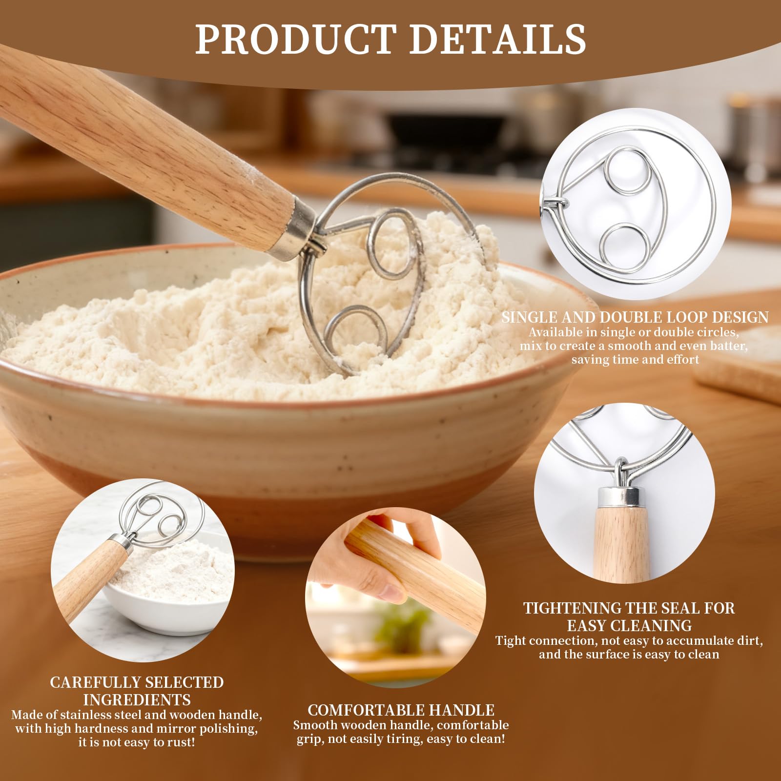 Frusta per Pasta Danese, Frusta a Mano in Acciaio Inox Manico in Legno, Frullatore a Immersione, Utensili da Cucina per Pane, Torte, Pizza e Biscotti