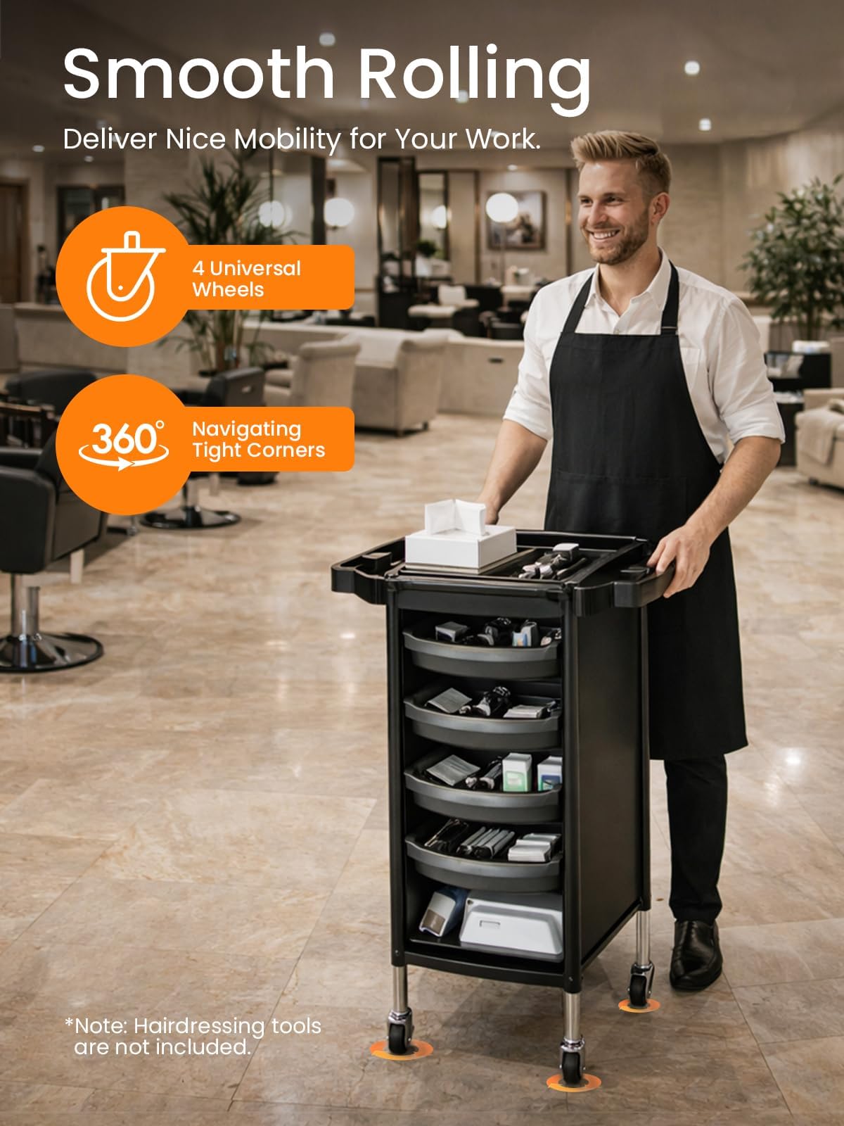 Friseurwagen mit 4 Schubladen – Rollbarer Beauty-Organizer mit Seitenschale & Föhnhalter, mobiler Barbier-Tool-Wagen für Salon, Spa & Zuhause