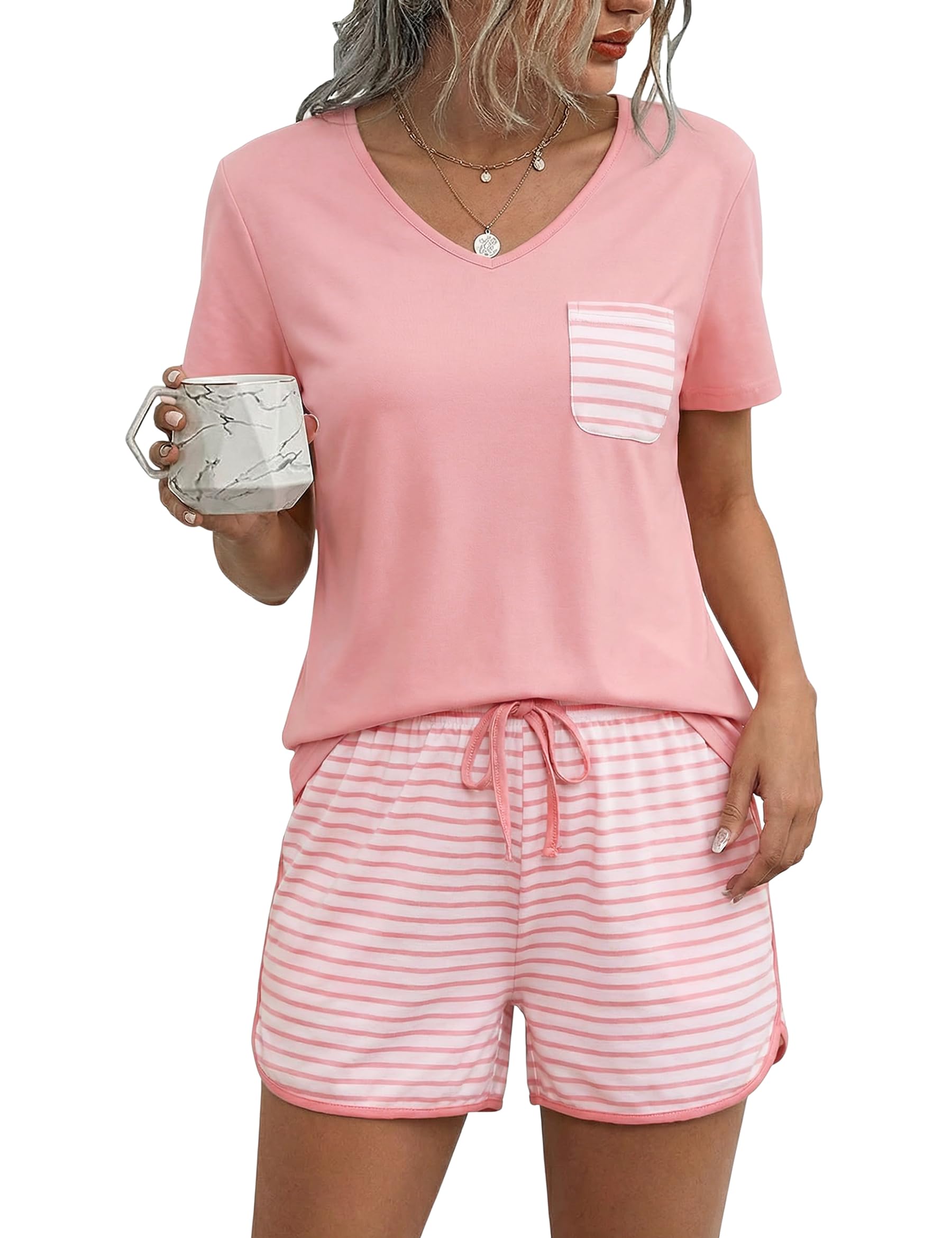 Demegimi Schlafanzug Damen Kurz Pyjama Set Baumwolle Sommer Schlafanzüge V-Ausschnitt Shorty Nachtwäsche S-2XL