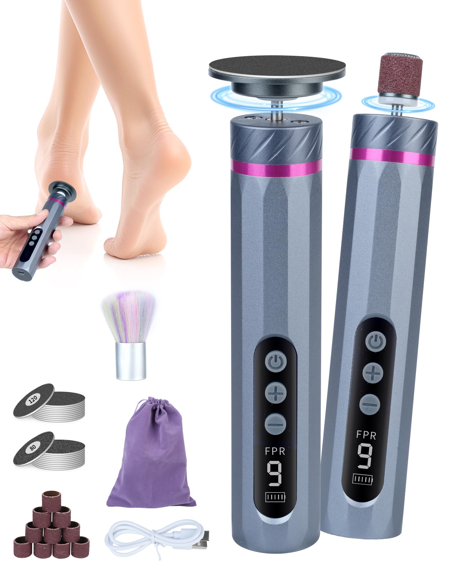 LAOYE 5-IN-1 Rimozione calli elettrico – Rimuove il 99,92% di calli in 3 minuti, 9 velocità regolabile footglow rimozione calli piede elettrico lima per piedi per pelle morta e dura screpolata (grigio