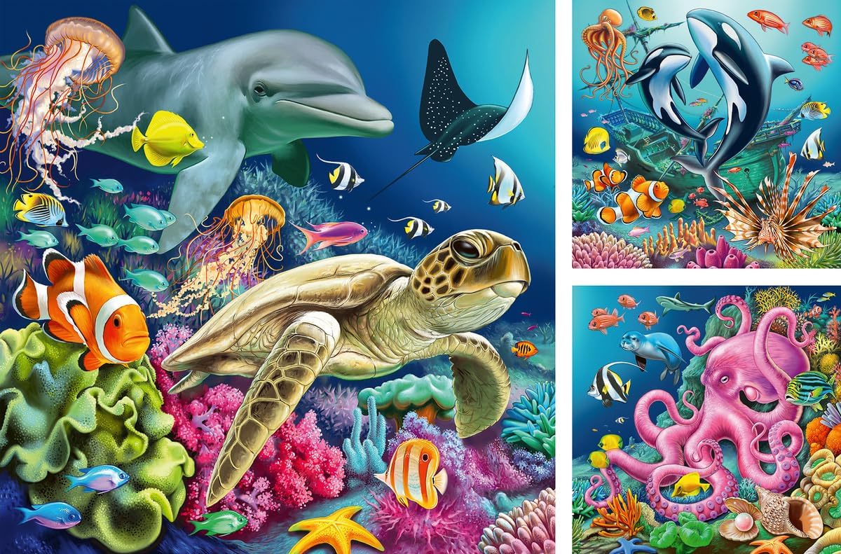 Ravensburger Underwater Splendor – 3 x 49 Piece Jigsaw Puzzle for Kids | A Fun Ocean Adventure with Colorful Marine Life | Encourages Problem-Solving & Creativity | Durable & Eco-Friendly Pieces