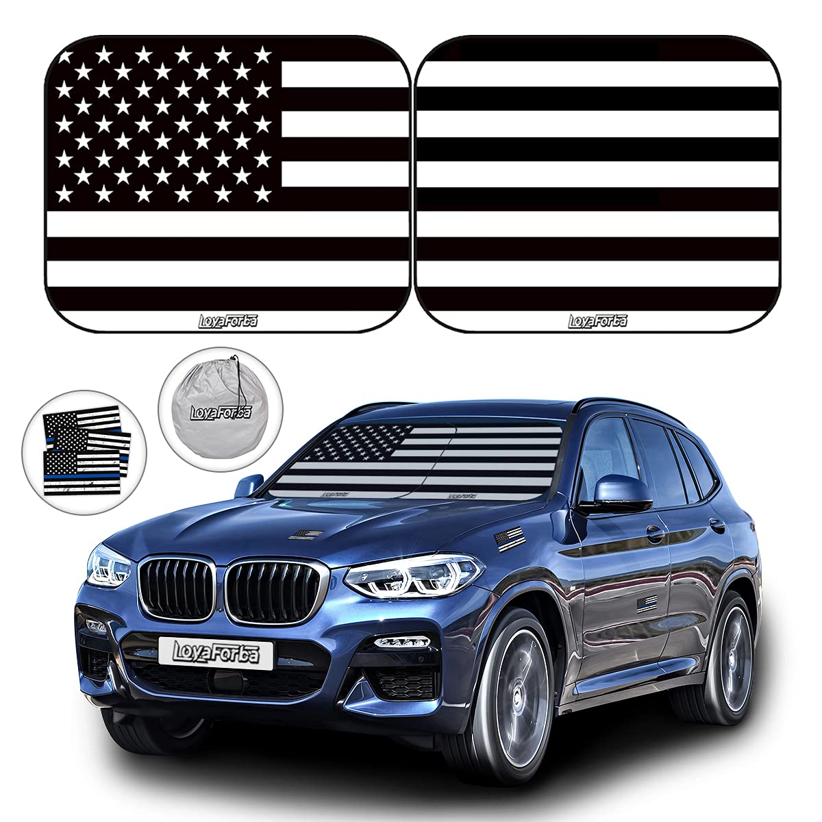 Car Front Windshield Sun Shade, 2 Piece American Flag Universal Sun Visor for Cars, Trucks, SUVs, Foldable, UV Rays Blocking, Keep Car Cool, Automotive Interior Protection (Black, Medium)