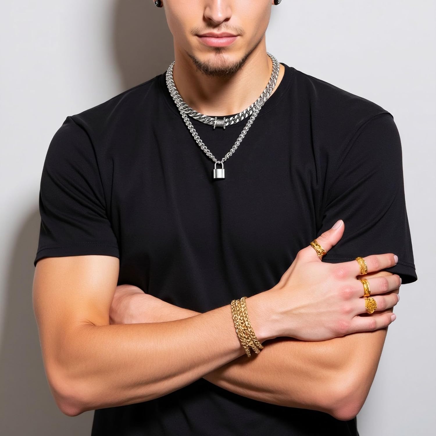 Barb Wire Choker Necklace Lock Pendant Necklace for Men Women Stainless Steel Layered Gothic Thorns Punk Chunky Chain Necklaces - Image 5