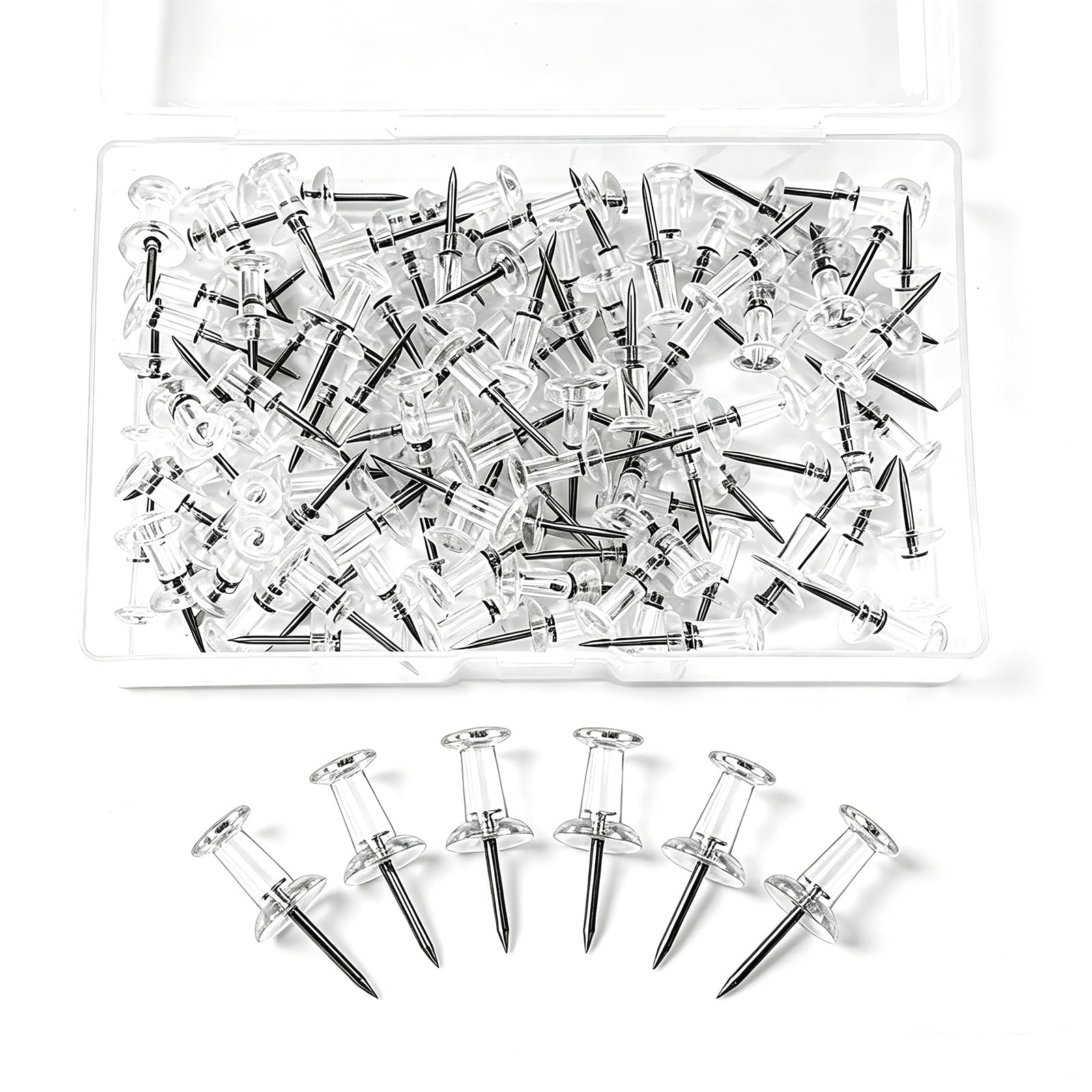 Meilang Silver Clear Push Pins 100 Pcs - Thumb Tacks Drawing Pins, Pins For Pinboard Notice Board, Map Pins, Bulletin Board, Office, School, Home (With Storage Box)