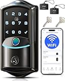 VE027 Built-in Wi-Fi Smart Lock, Fingerprint Keyless Entry Front Door Lock, App Remote Control, No Hub Needed, Keypad Deadbolt with Long Battery Life, IP65 Waterproof, BHMA Grade 3, Matte Black