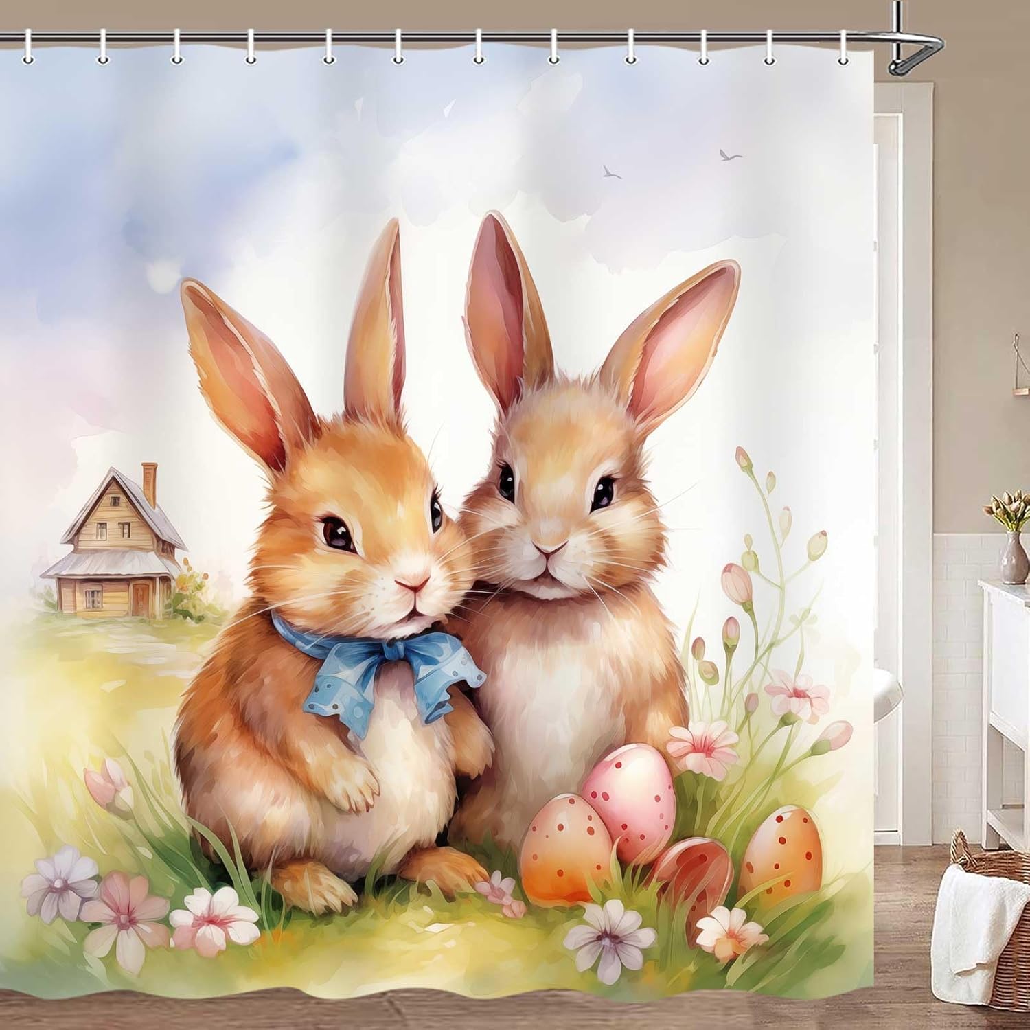 MERCHR Easter Shower Curtain Cute Bunny Rabbit Spring Decorations Farmhouse Flower Floral Bath Curtains Set Home Decor 71x71 Inches