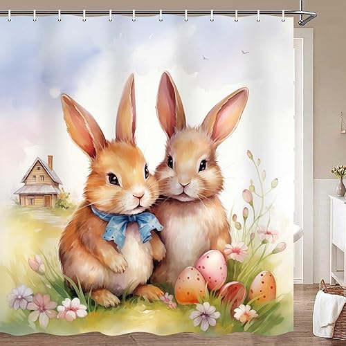 Miniatura 3 de MERCHR Bonita cortina de ducha de conejo de Pascua para baño, festival de primavera, juego de cortina de baño con 12 ganchos, cortina de ducha