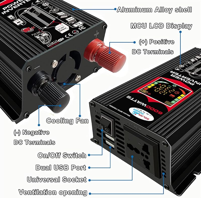 Iriisy 6000W Autós Feszültségátalakító 12V 220V Inverter 2 USB Porttal Lakóautóhoz Hűtőszekrényhez Számítógéphez