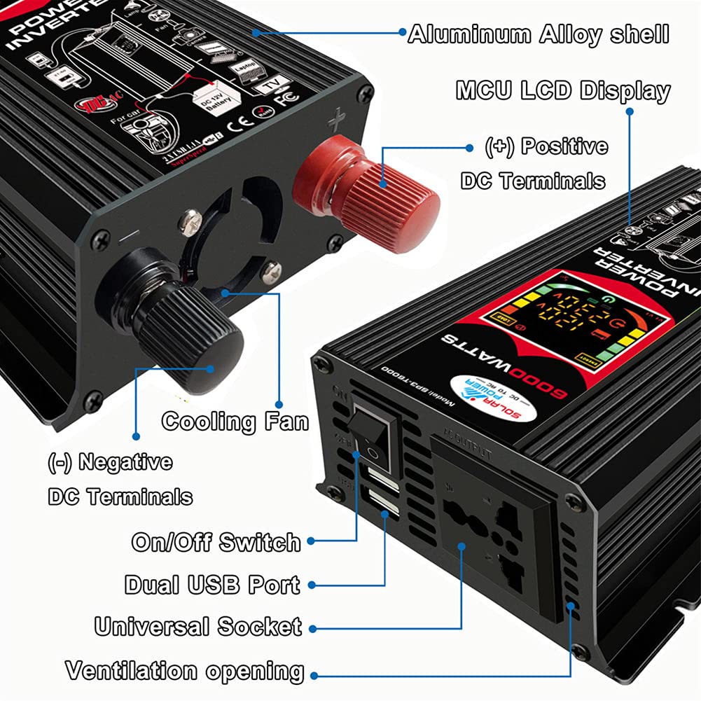 Inversor de transformador (12 V, 220 V, 6000 W, 2 puertos USB 2.1 A, para coche camión