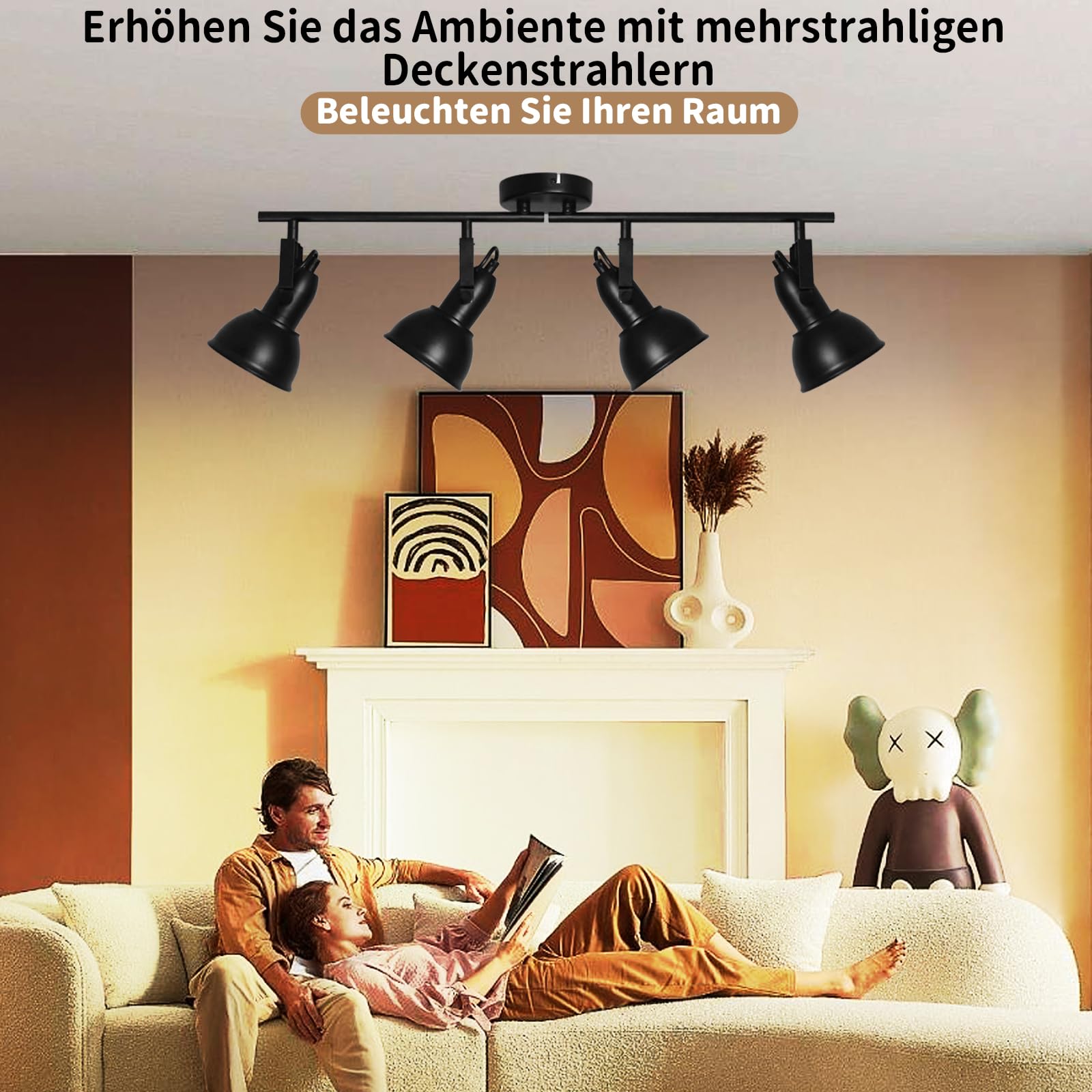 HiBay Reflektor sufitowy LED, 4 żarówki, E27, lampa sufitowa do sypialni, vintage, czarno-biała, do salonu, wychylna, maks. 60 W, bez źródła światła