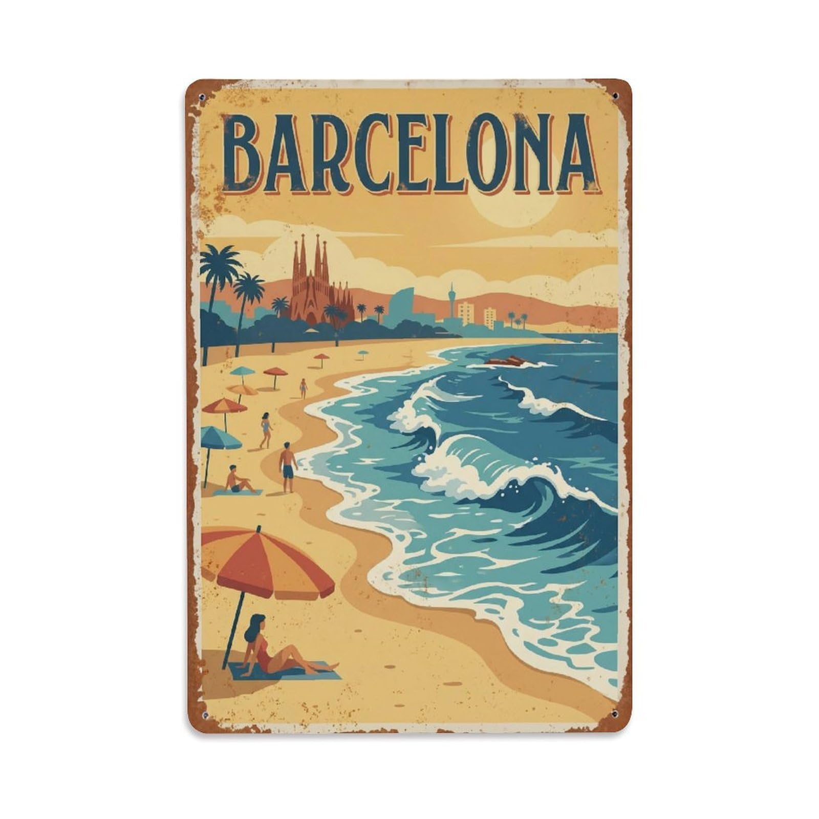 Okngb Style Coastal Harbor Barcelona Vintage Mediterranean Tourism Metal Tin Sign Plaque Wall Decor For Cafe, Man Cave, Club Bar, Office, Home Garden Round Metal Poster 8X12inch