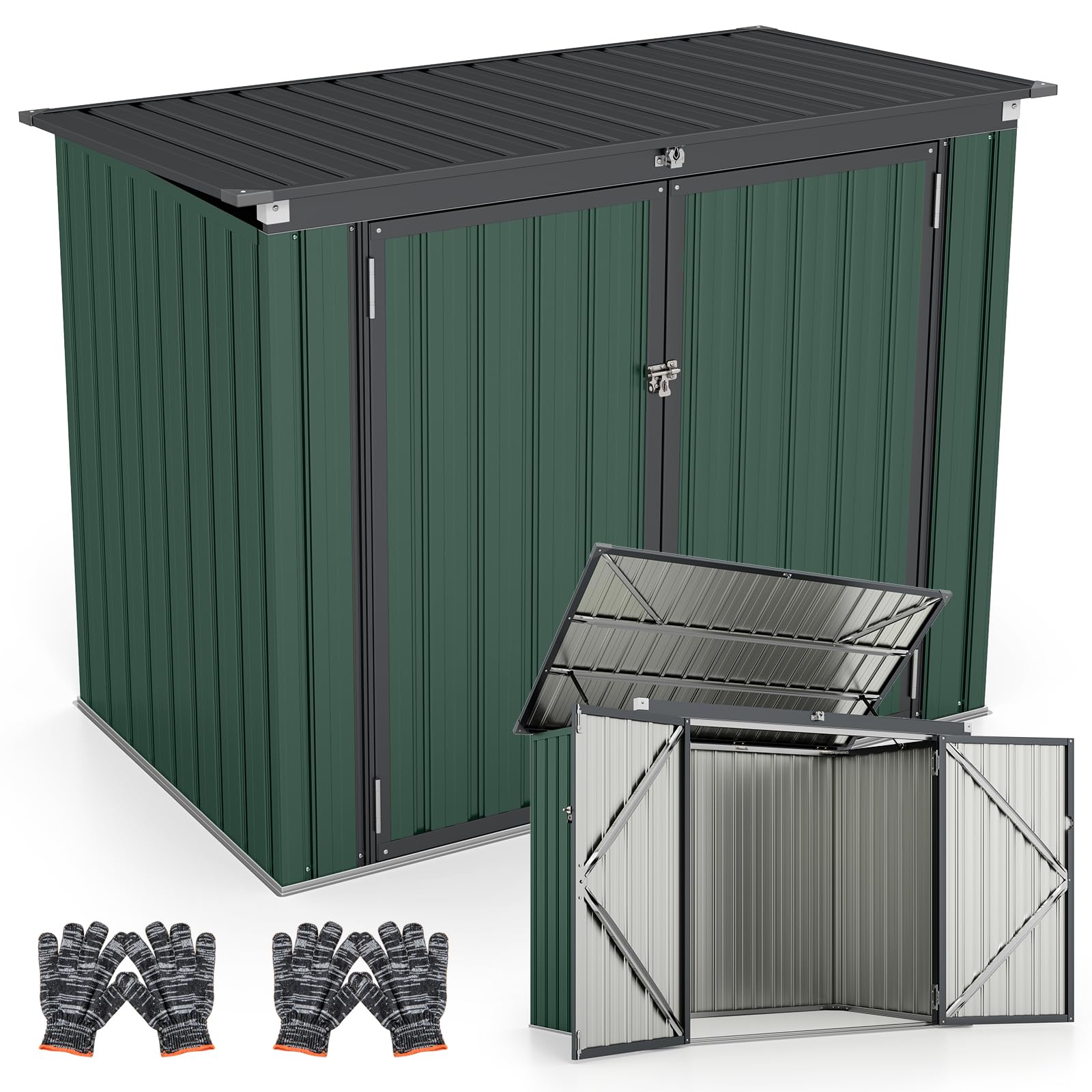 RELAX4LIFE Abri de Jardin Métal Extérieur avec 2 Grandes Portes et Couvercle Relevable à 40°, Remise de Stockage à Outils en Acier Galvanisé pour Poubelles Vélos Outils 172X100X129 CM (Vert)