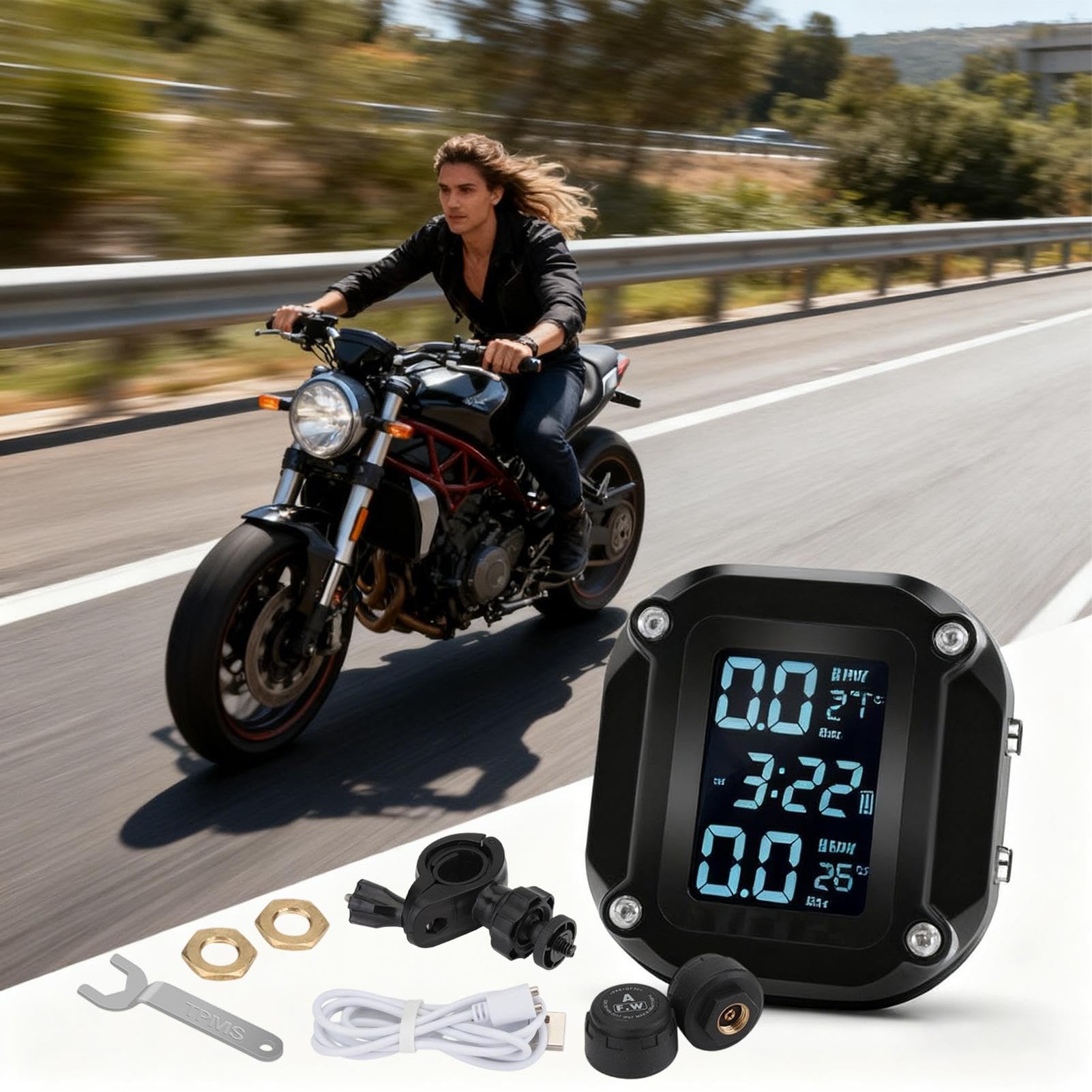 Controllo della Pressione degli Pneumatici M5 per Moto, Set di sensori Esterni, di monitoraggio Senza Fili, Funzione di Allarme, monitoraggio preciso degli Pneumatici, Adatto per Strada