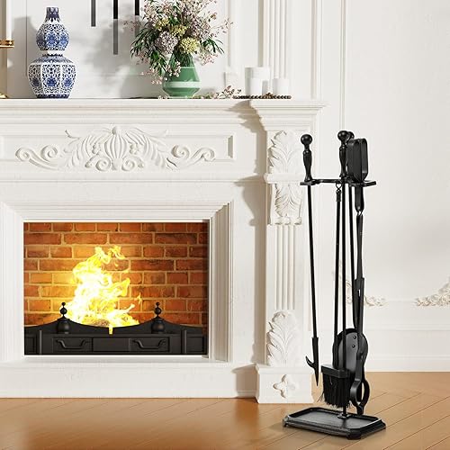 Vista 33 de Tangkula Juego de chimenea de 5 piezas, rústico, resistente, compacto, de hierro forjado, juego de herramientas con pedestal, herramienta de hogar