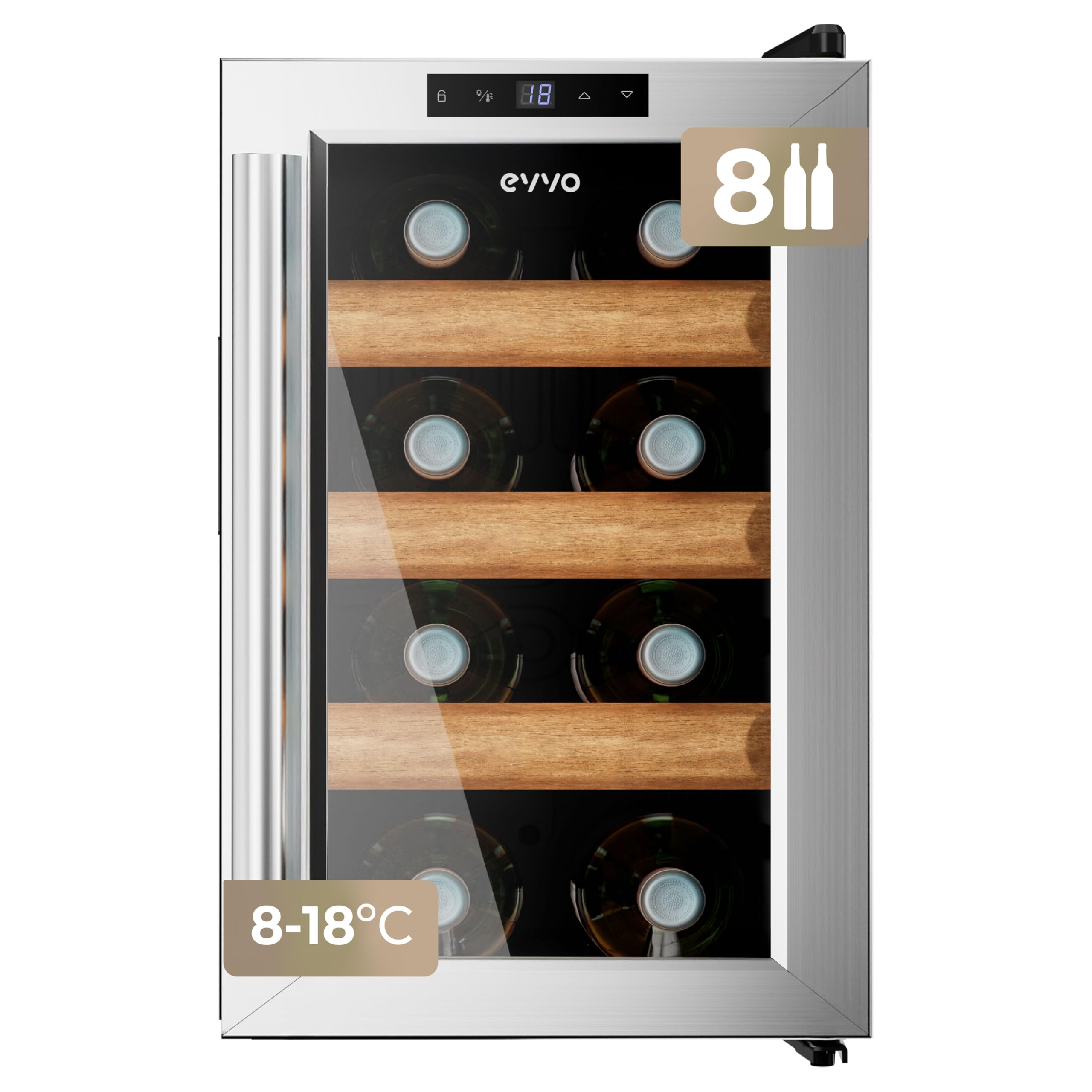 EVVO Vinoteca VT8 Inox – Enfriador de Botellas de Vino 8 Botellas, Vinoteca Pequeña Inox, Nevera para Vinos Silenciosa, Mini Nevera Tipo Minibar y Botellero Vertical
