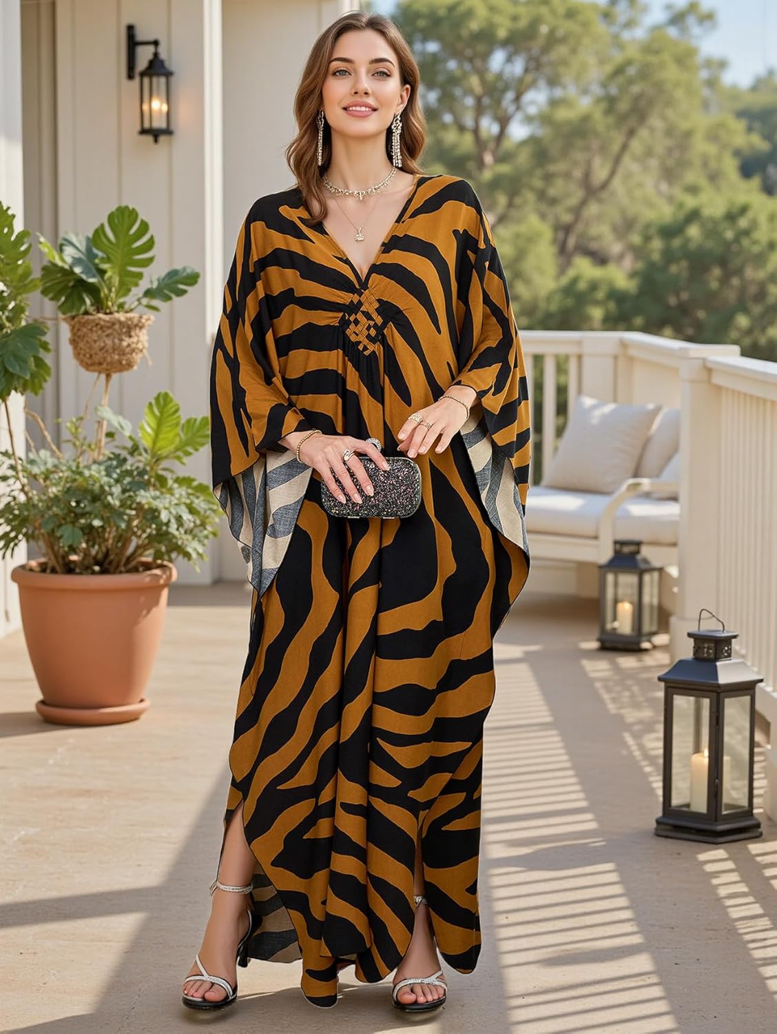 Women's Plus Size Animal Print V-Neck Batwing Kaftan Beach Dress Bathing Suit Cover-Up Loungewear - Image 5