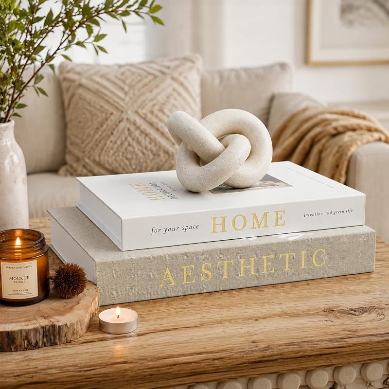 Juego de 2 libros decorativos neutros, cajas para mesa de centro y decoración de repisa | Decoración estética y moderna del hogar para su estantería o repisa de repisa, libros falsos/falsos como almacenamiento de fotos o caja de recuerdos
